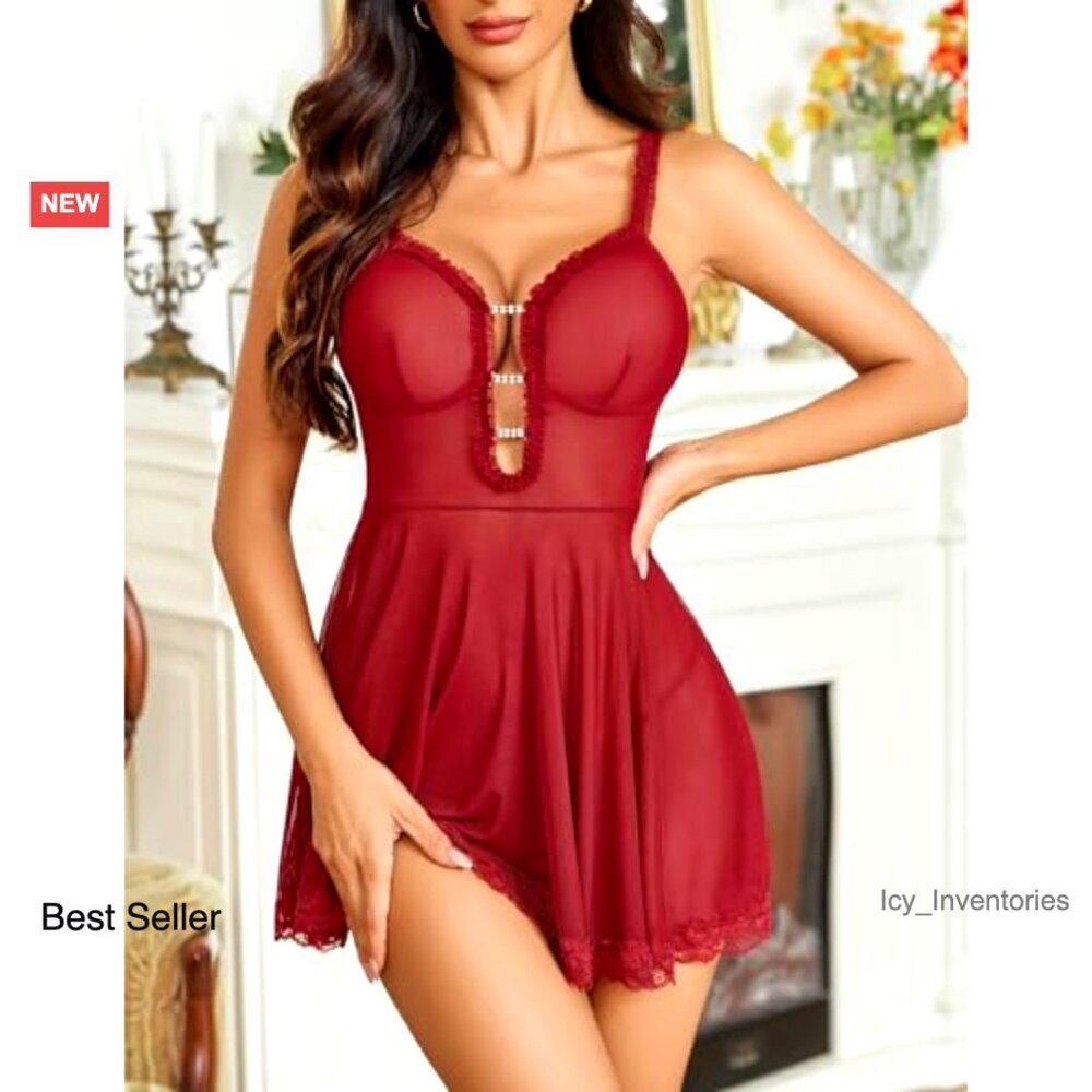 Lace Babydoll Chemise Deep V Neck Sleepwear Elegant Boudoir Nightwear - Picture 3 of 6